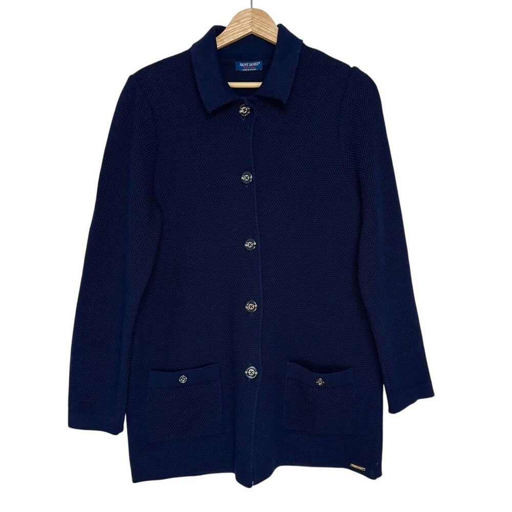 Saint James 100% Wool Long Cardigan Navy 10 - Picture 2 of 10
